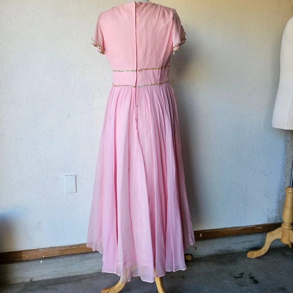 Vintage 60s 70s Light Pink Chiffon Princess Cocktail Evening Dress Gown L Large - Picture 9 of 14